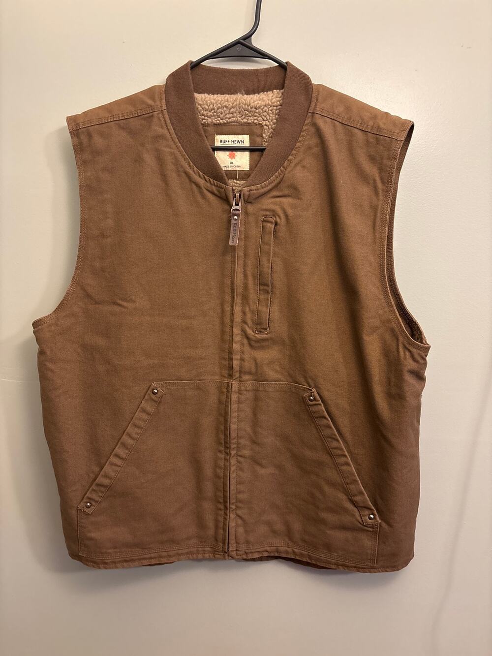 Ruff Hewn Mens Large Brown Navy Faux Sherpa Pocket Canvas Cotton Vest/Zipper XL